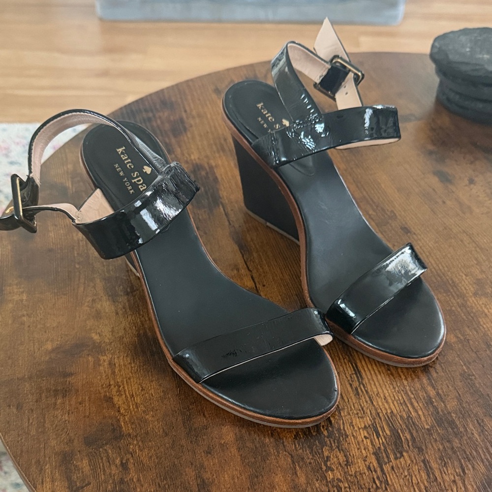 kate spade Black Patent Wedge Sandals